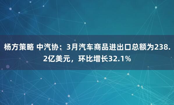 杨方策略 中汽协：3月汽车商品进出口总额为238.2亿美元，环比增长32.1%